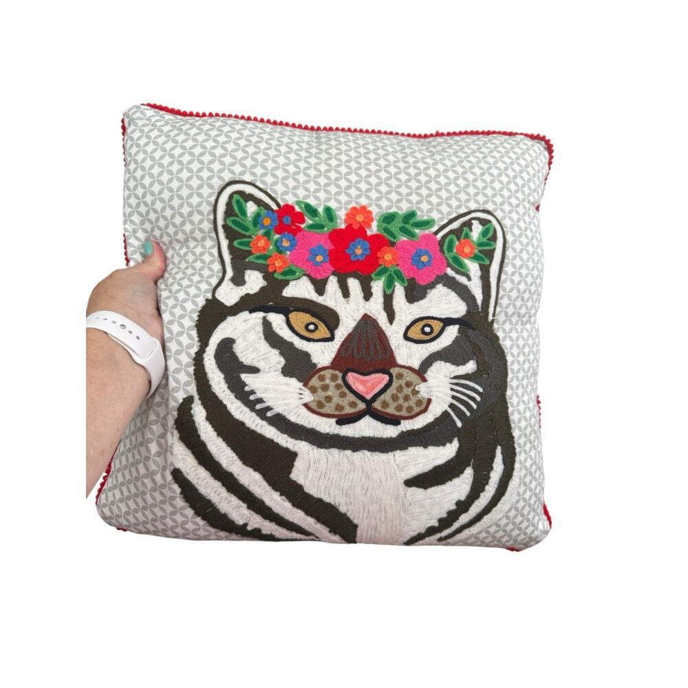 Karma Living Boho Bohemian Wild Cat Embroidered Pillow Preowned Eclectic